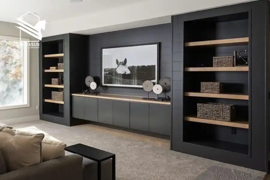 مكتبة خشبية بإطار مستقيم ولون داكن